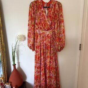 Nasty Gal Vibrant Floral Long Sleeve Dress - Red and Pink